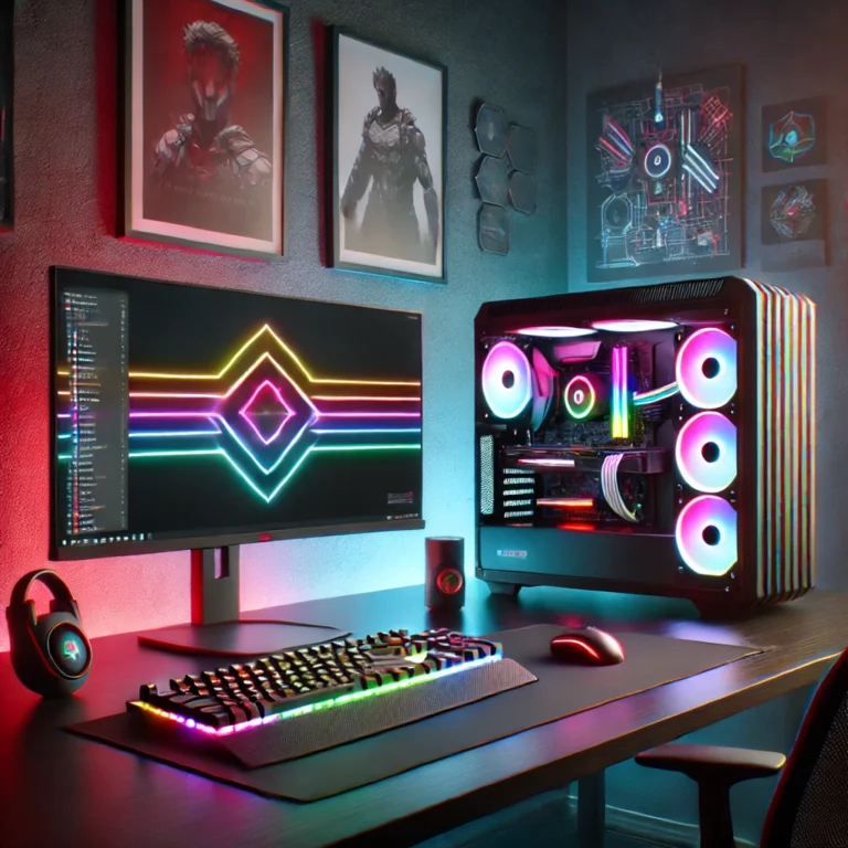 Ultimate gaming PC setup with RGB lighting and high-performance components.