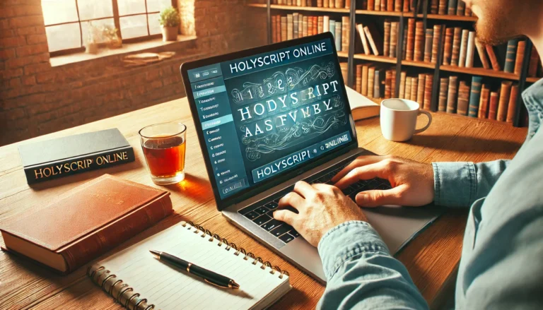 ‘A person using the Holyscript Online on a laptop with studying material