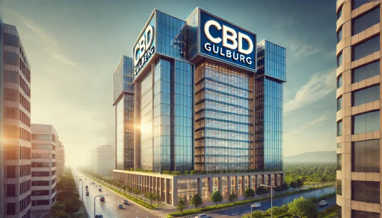 A modern office building with the logo branding the CBD Gulberg, to reflect innovation and growth.