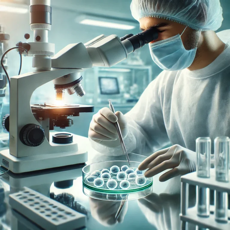 Each cycle of ART procedure involves: Laboratory technician handling embryos under a microscope.